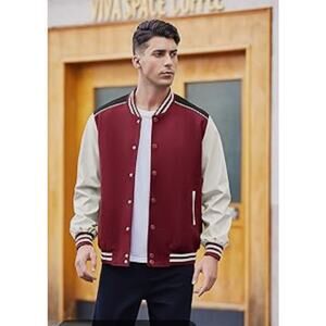 COOFANDY Men's Faux Leather Sleeve Velvet College Baseball Bomber Jacket Red XL
